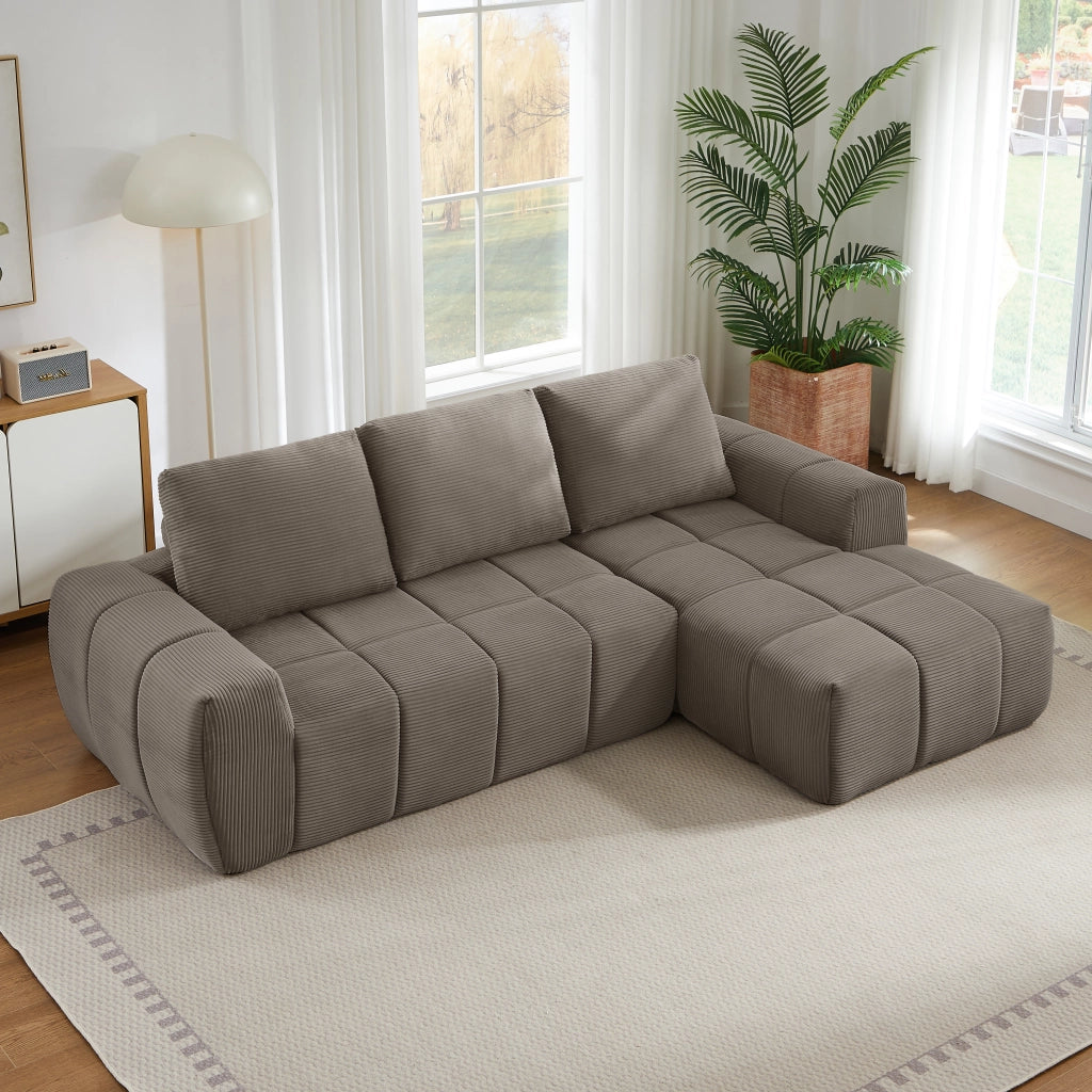 Divano angolare con design segmentato trapuntato, supporto in schiuma e molle, senza montaggio, in velluto taupe
