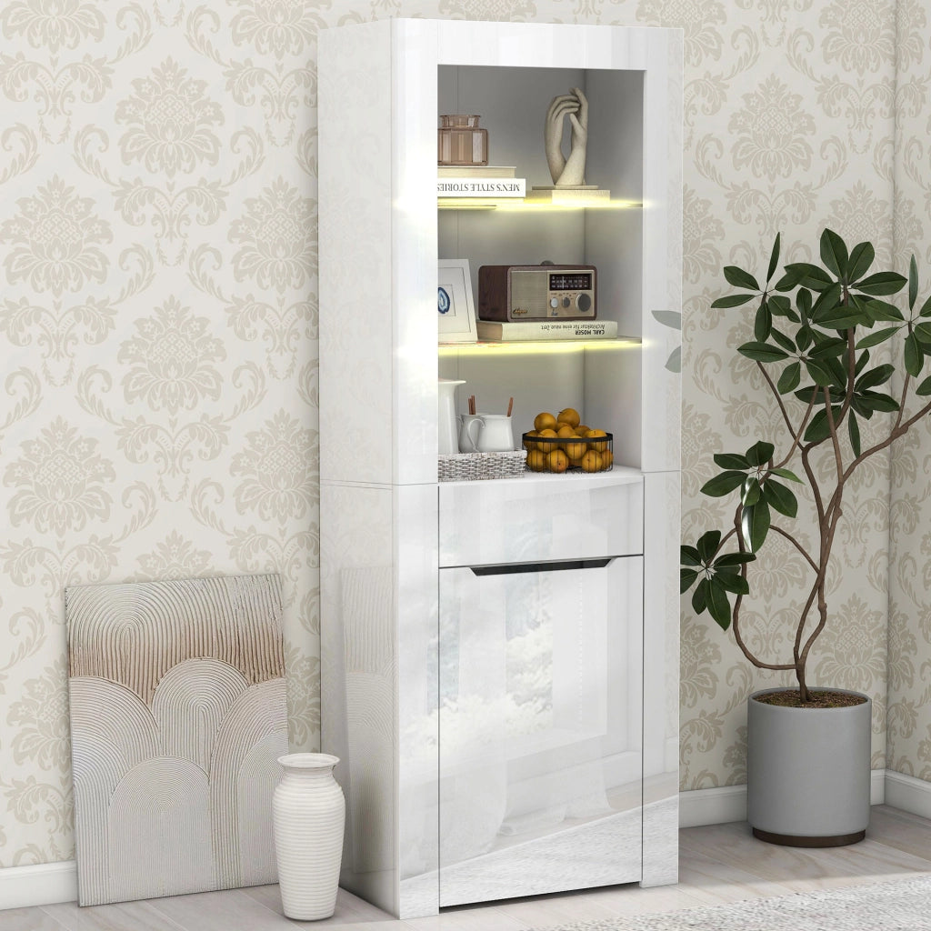 OKWISH Vetrina con 1 Cassetto e 2 Ripiani, LED con App, per Soggiorno o Ufficio, 60 x 35.5 x 165 cm, Bianca