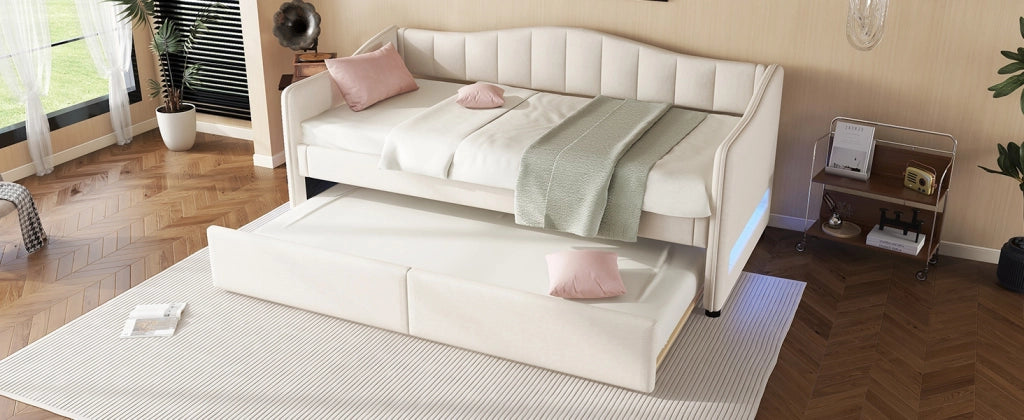 Letto singolo estraibile 90 × 200 cm in lino e MDF beige con LED controllabile tramite app e rete a doghe