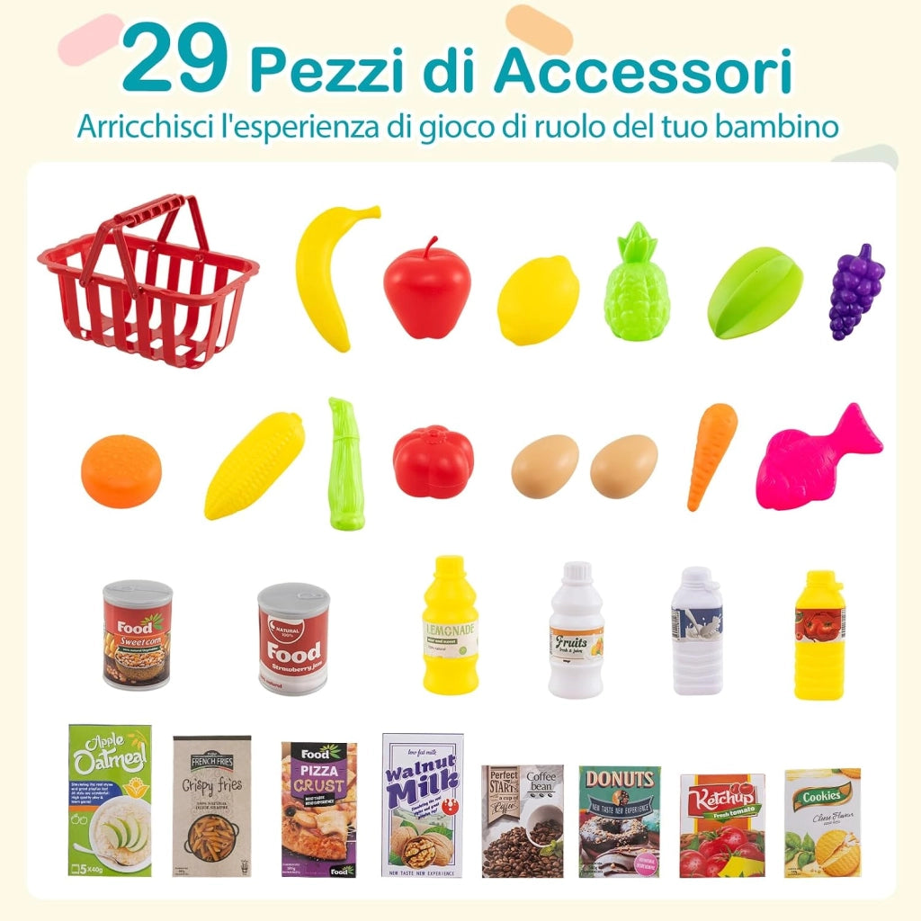 Cassa Gioco Supermercato per Bambini, Supermercato Giocattolo con Carrello della Spesa, Registratore di Cassa, Scanner, Luci e Suoni, Gioco di Ruolo con 29 Accessori (Blu)