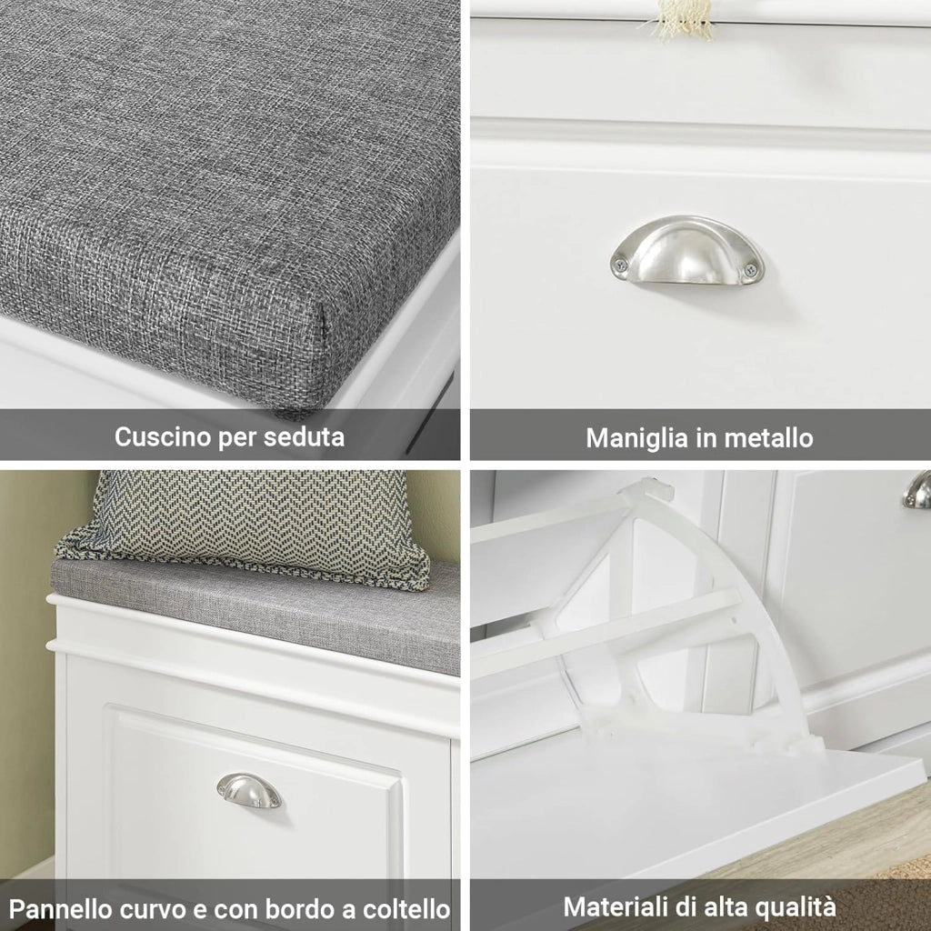 Scarpiera Salvaspazio Slim da Ingresso Panca Contenitore con Cuscino, Cassapanca Scarpiera Regolabile per Casa, Camera, Corridoio, L104*P24*A52cm, Bianco, FSR64-W
