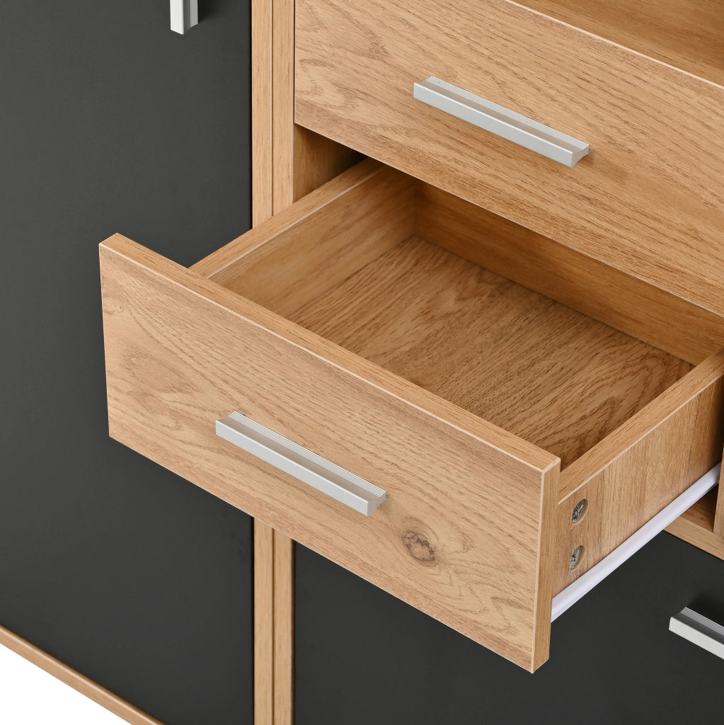 Garderoba da ingresso 120x32x178 cm con specchio; panca e illuminazione LED in MDF; nero e naturale