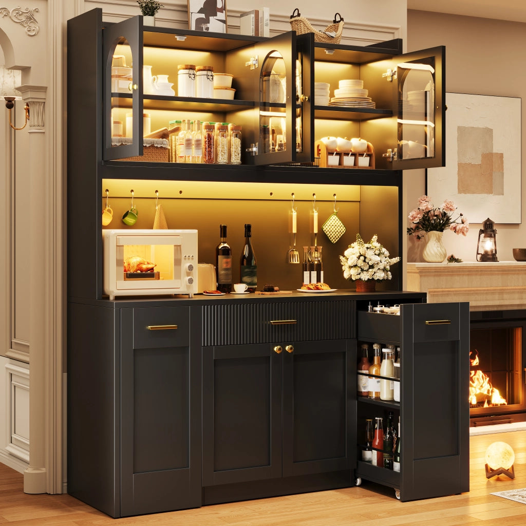 Credenza alta da cucina con LED RGB e app, 3 vetrine, cassetti e ripiani estraibili, nero, 120 × 40 × 187 cm