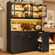 Credenza alta da cucina con LED RGB e app, 3 vetrine, cassetti e ripiani estraibili, nero, 120 × 40 × 187 cm