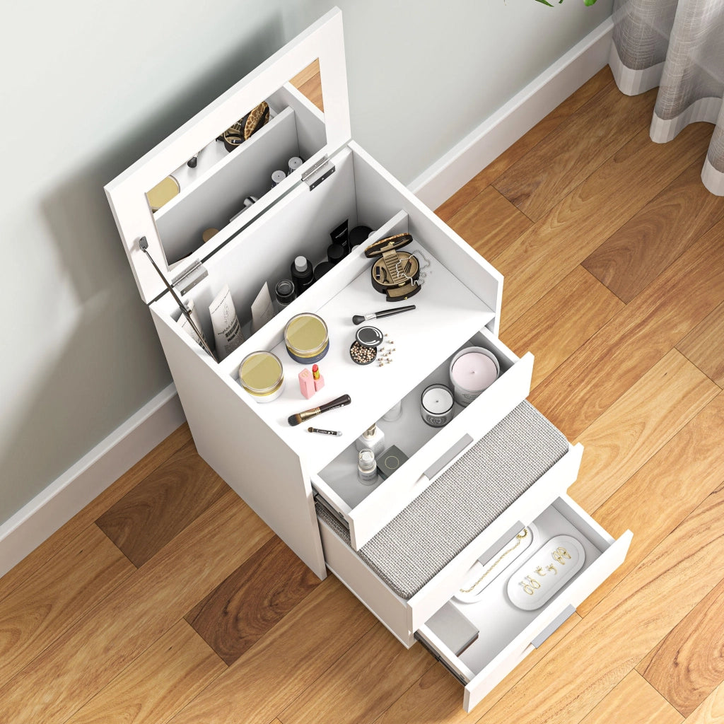 Consolle Trucco 50x40x113,5 cm con Specchio Ribaltabile 2 Cassetti e Sgabello a Scomparsa in Legno Bianco