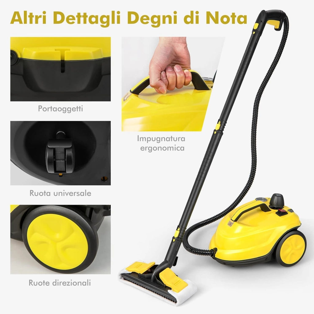 2000W Pulitore a Vapore, Macchina per Pulizia Rotante con 13 Accessori, Capacità d'Acqua di 1,8L, Macchina a Vapore Multiuso per Tappeti Finestre Vetri e Tende (Giallo)