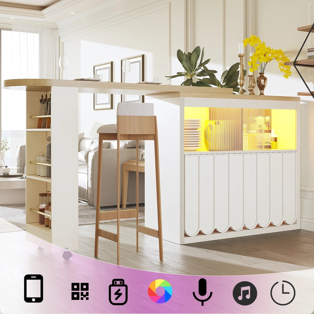 Mobile bar estensibile con vani regolabili LED USB e ruote con freno in MDF e vetro bianco 135 × 39 × 100 cm