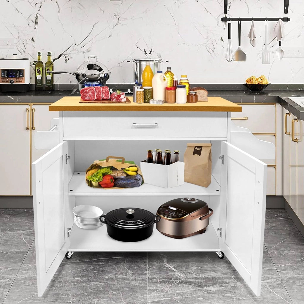 Carrello da Cucina con Ruote e Piano di Lavoro, Carrello Servizio in Legno con Portasciugamani e Portaspezie, Mobile Credenza Cucina Bianco, 115x90x36 cm