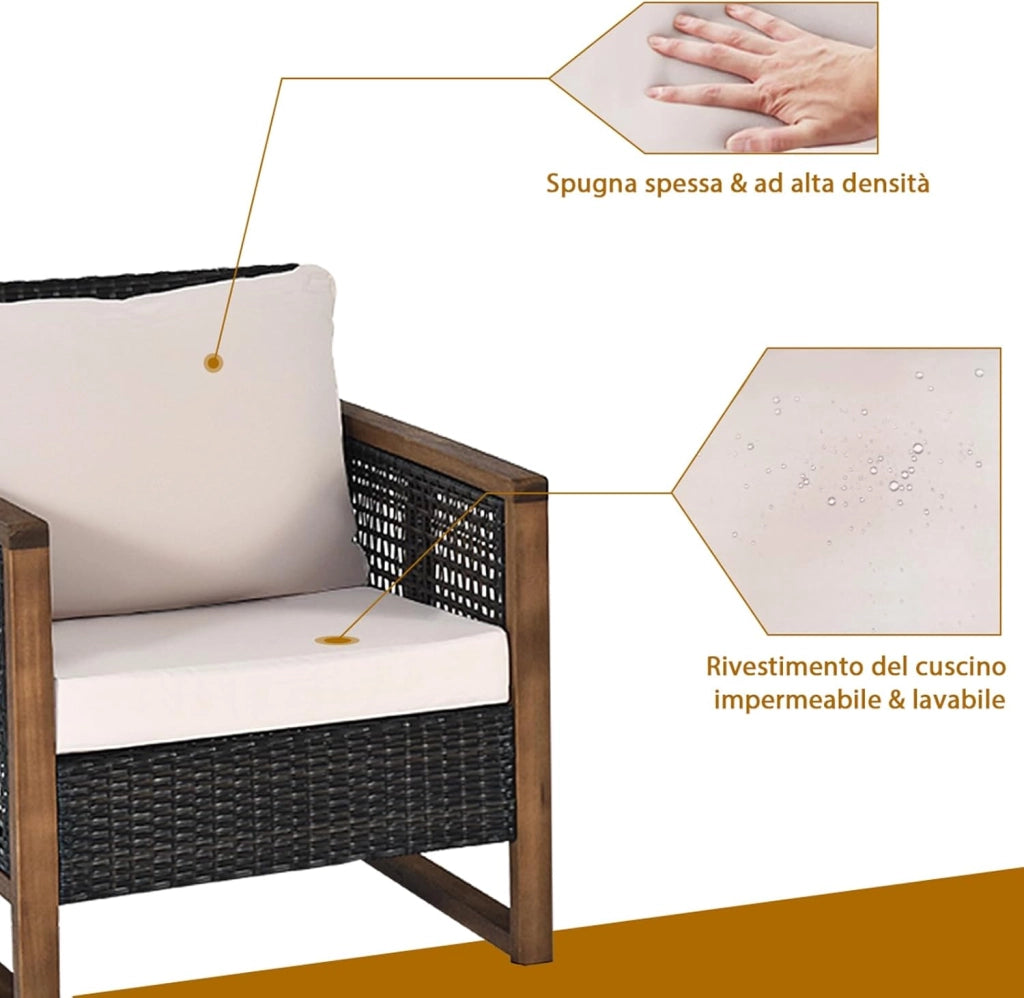 Set di 3 Pezzi di Mobili da Patio, 1 Tavolino in Legno di Acacia e 2 Sedie in Rattan PE, con Cuscini Lavabili, Set di Divani per Giardino Cortile Piscina Portico