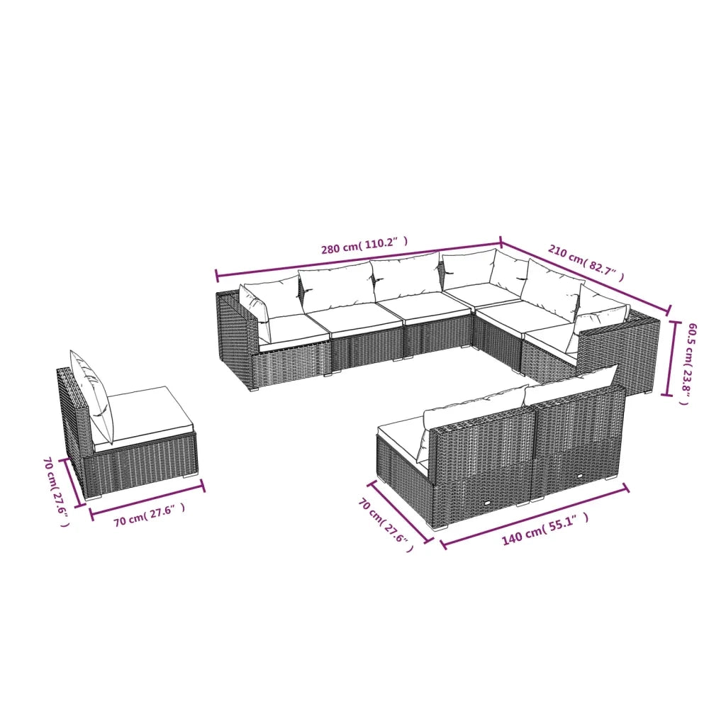 Set Divani da Giardino 9 pz con Cuscini in Polyrattan Grigio cod mxl 40483