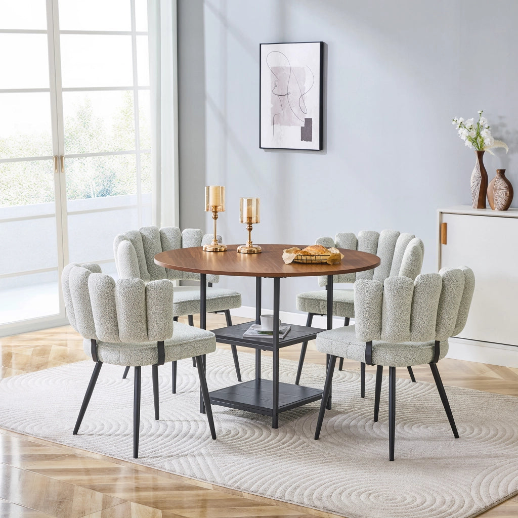 Tavolo da pranzo rotondo con doppio ripiano e 4 sedie in bouclé per sala da pranzo 107 cm noce e beige