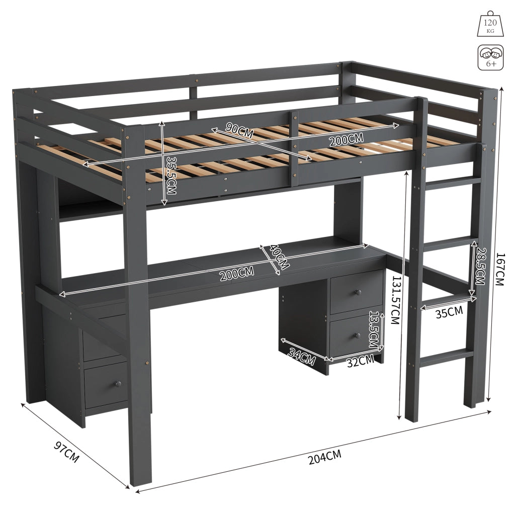 LETTO A SOPPALCO 90 x 200 cm con scrivania, cassetti, grigio