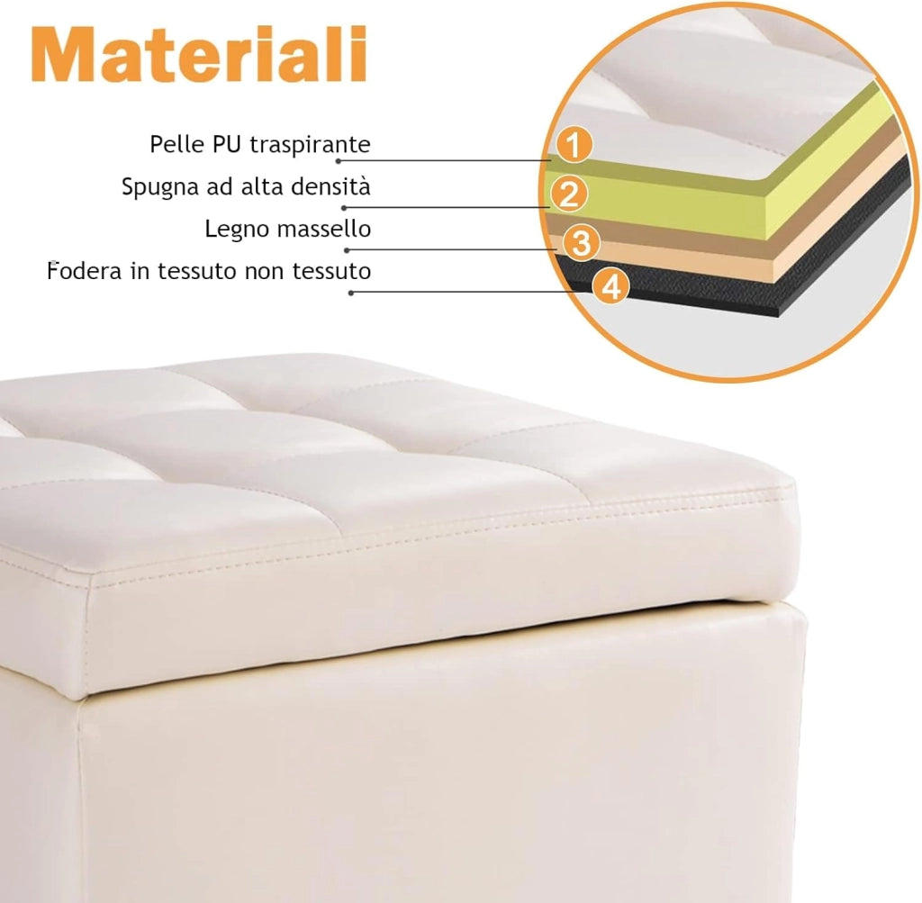 Pouf Cubo Multifunzionale in PU 40x40x40cm, Sgabello di Stocaggio Salvaspazio, Cassapanca Cubo, Poggiapiedi Moderno per Ingresso, Soggiorno, Camera da Letto (Bianco)