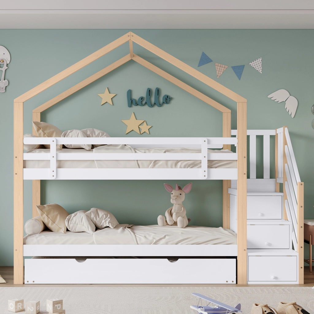 Letto a Castello Estraibile 90x200 cm e 90x190 cm; Letto 3 Posti; con Scala con Cassetti - in Legno e MDF - Bianco Naturale