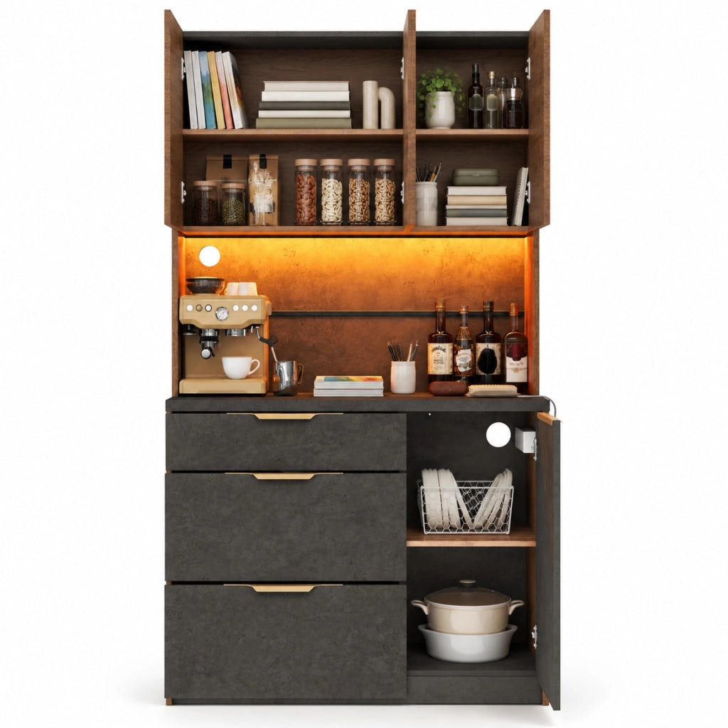 Credenza alta 100x40x180 cm con LED RGB, prese e USB in MDF naturale