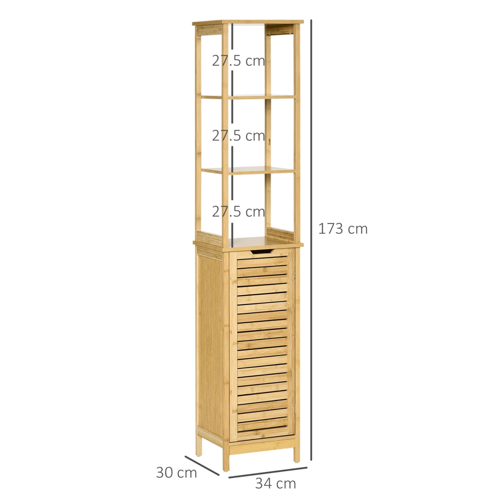 Mobile Bagno a Colonna in Bambù con 3 Ripiani e 1 Credenza Design a Doghe Salvaspazio 34x30x173cm