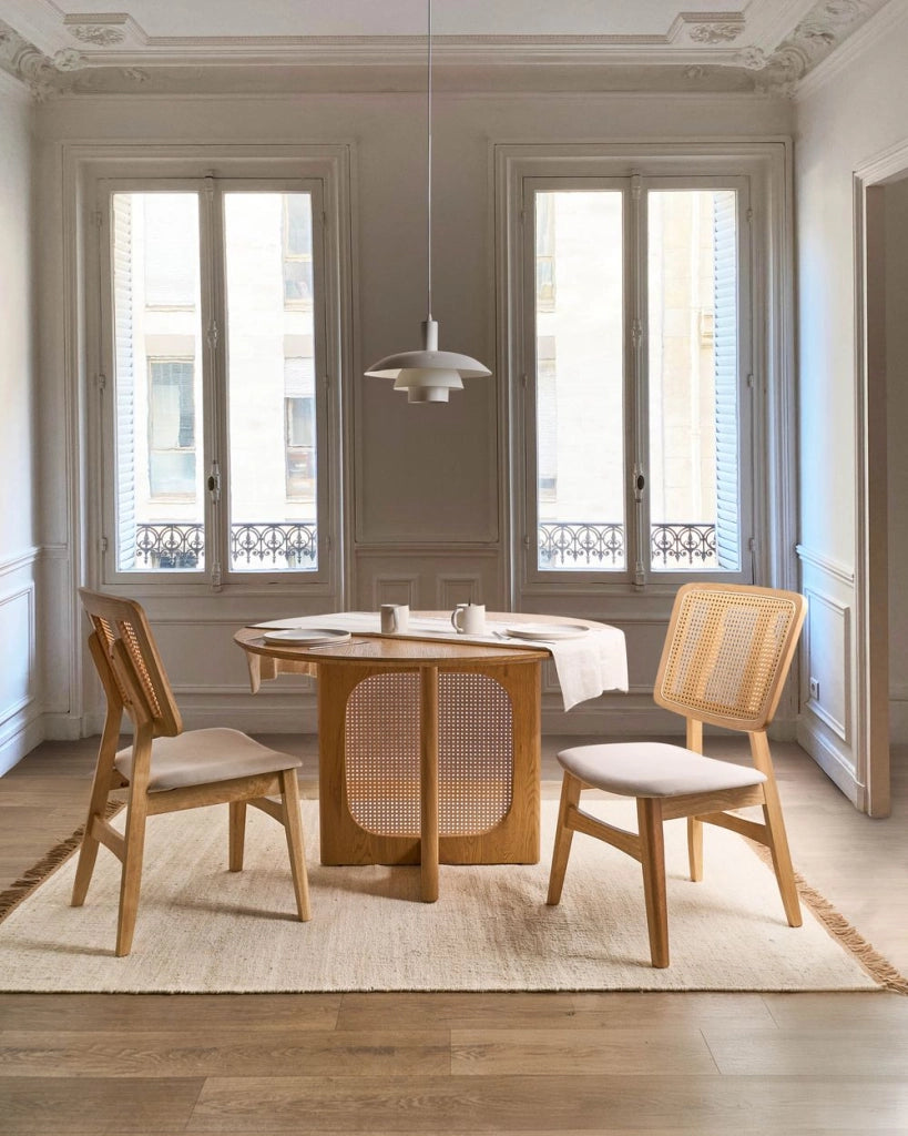 Set di 2 sedie da pranzo Sedute imbottite in poliestere marrone chiaro Schienale in tessuto Telaio in legno laccato senza braccioli Stile retrò