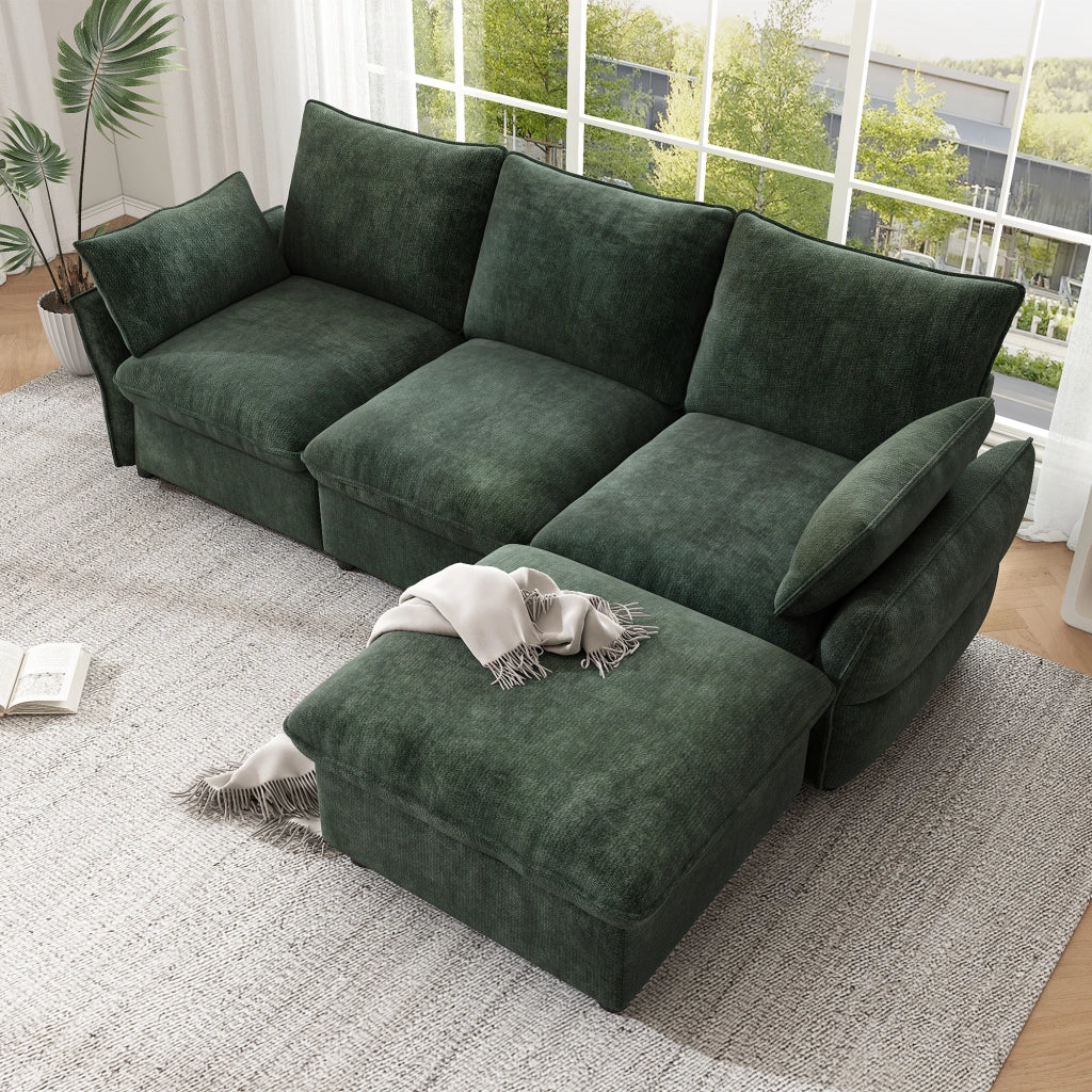 Divano angolare con pouf e 2 cuscini in ciniglia per soggiorno e appartamento verde scuro 222,5 × 154,5 × 76,5 cm