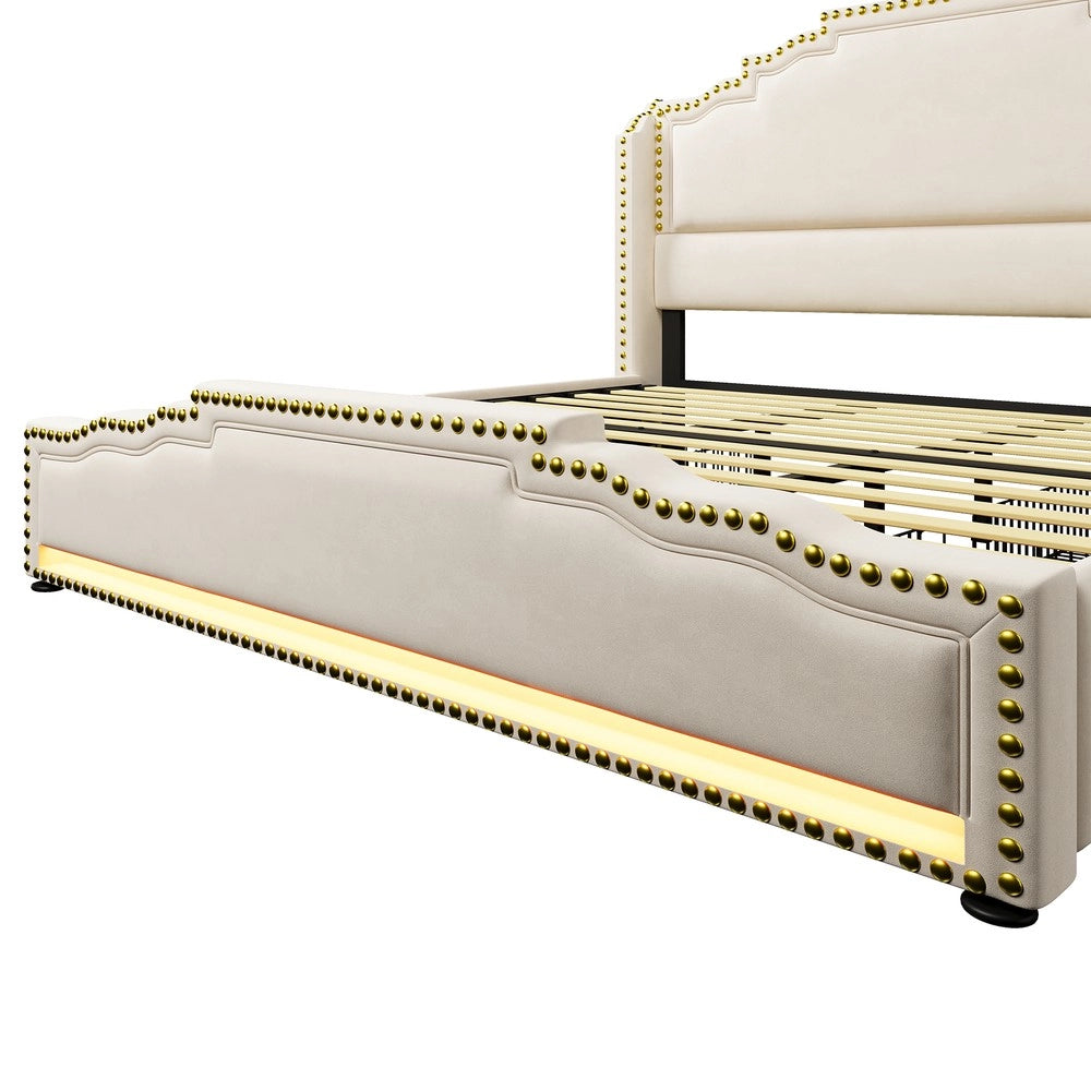 Letto Contenitore Matrimoniale Imbottito con Cassetti e LED ¨C MINIMAL ¨C Velluto Beige 180x200