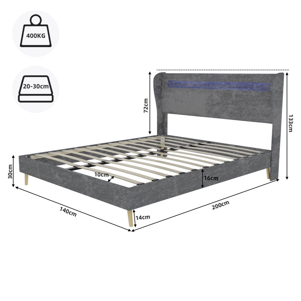Letto Basso 140x200 cm - LED Regolabile; Schienale Regolabile - in Tessuto e Metallo Grigio
