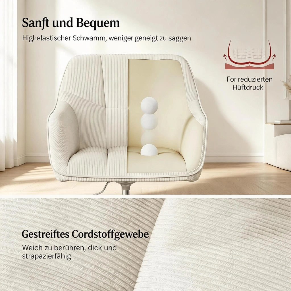 Sedia da ufficio ergonomica girevole con altezza regolabile braccioli integrati e ruote in velluto a coste beige
