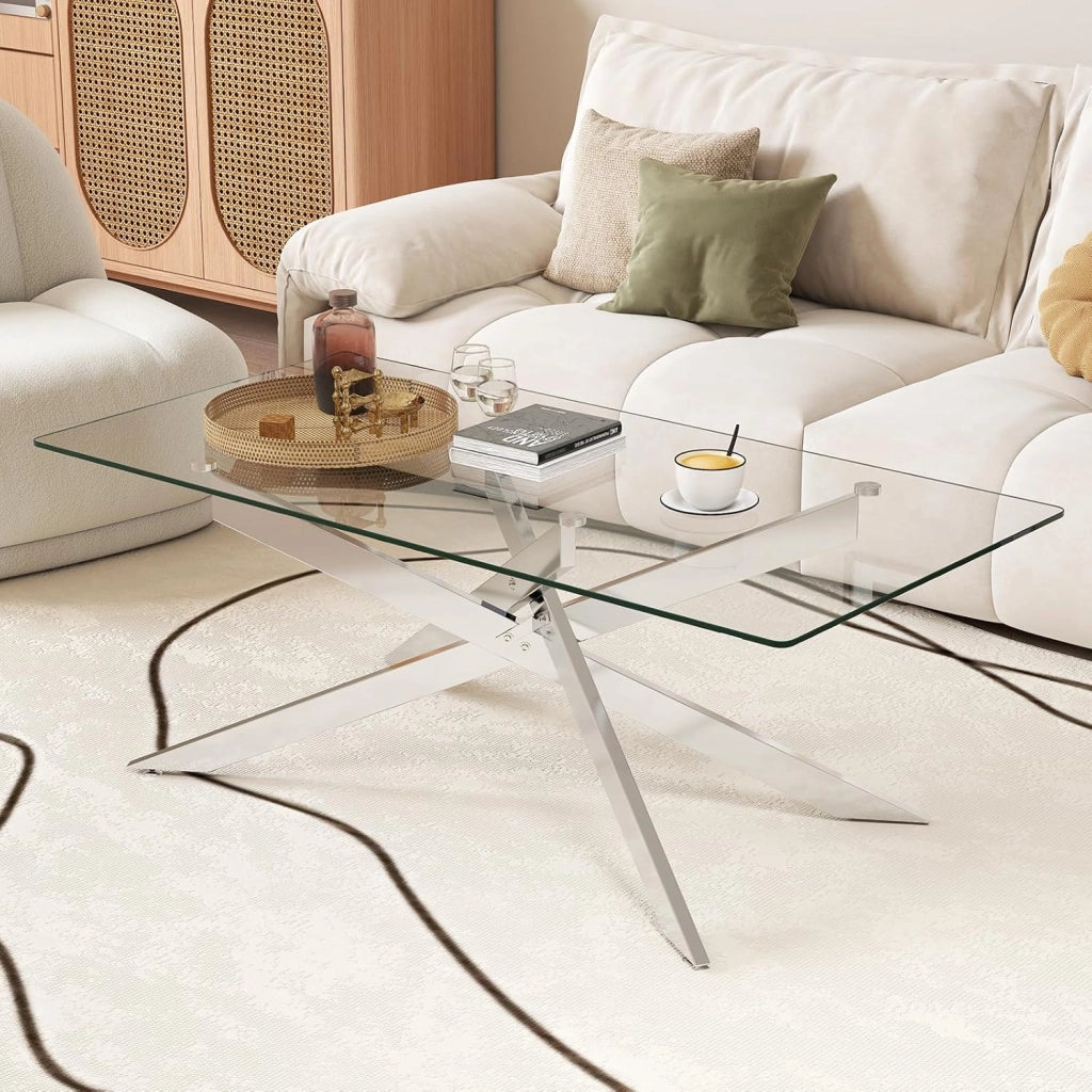 Tavolo da Caffè, Tavolino Salotto in Vetro Temperato con Gambe Incrociate in Metallo Placcato e Piedini Regolabili Antiscivolo, per Soggiorno e Ingresso, 120 x 60 x 45,5 cm (Argento)