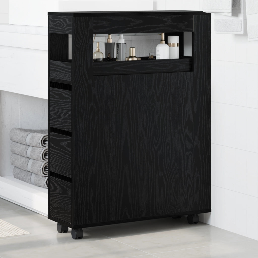 Armadio da bagno stretto con ruote Rovere nero Legno ingegnerizzato