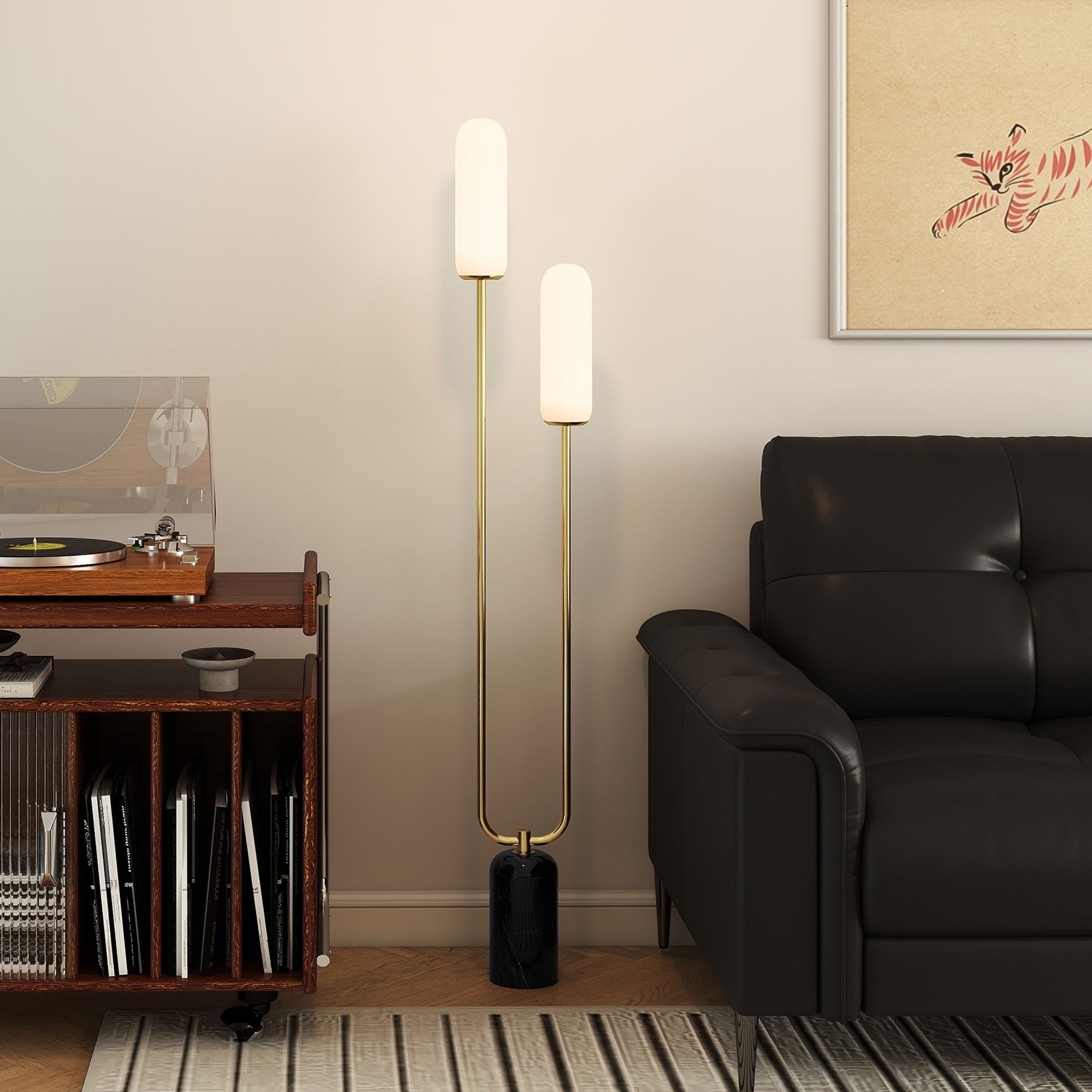 Lampada da Terra a U con 2 Luci 26x12x150 cm Interruttore a Pedale e Base in Marmo Bianco Nero e Oro