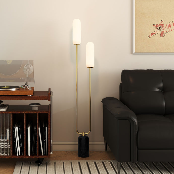 Lampada da Terra a U con 2 Luci 26x12x150 cm Interruttore a Pedale e Base in Marmo Bianco Nero e Oro