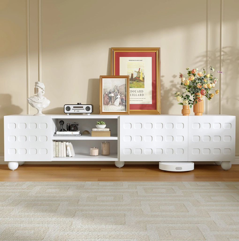 Mobile TV 200x40x44 cm con 3 ante e 5 piedi in truciolare bianco