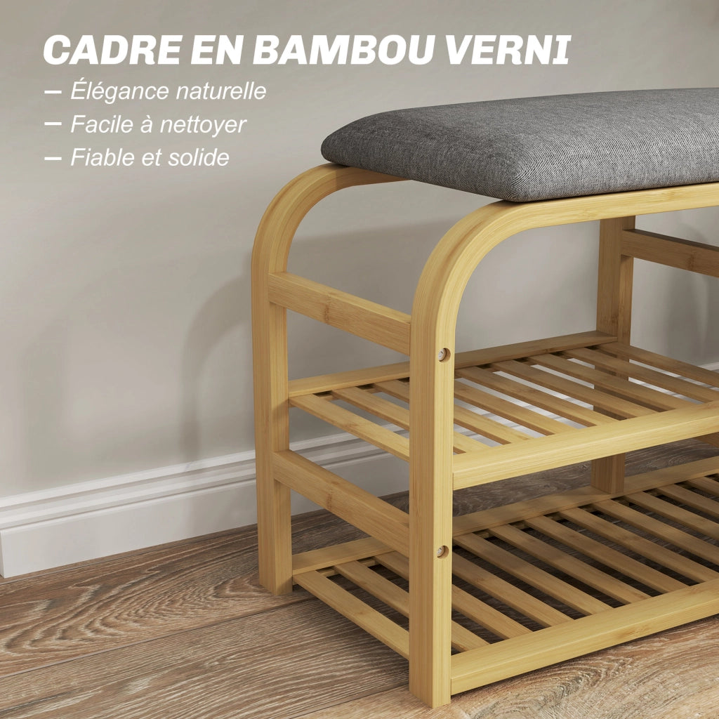 Panca porta scarpe con cuscino, ripiani a doghe e cestino scorrevole ¨C zephmum ¨C legno naturale 70x30x45cm