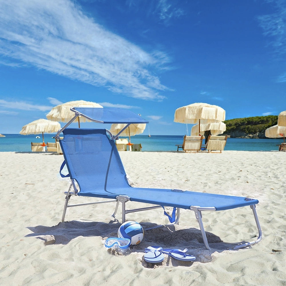 Trade Shop - Lettino In Textilene Con Parasole Blu Per Mare Giardino Schienale Regolabile 281012 -