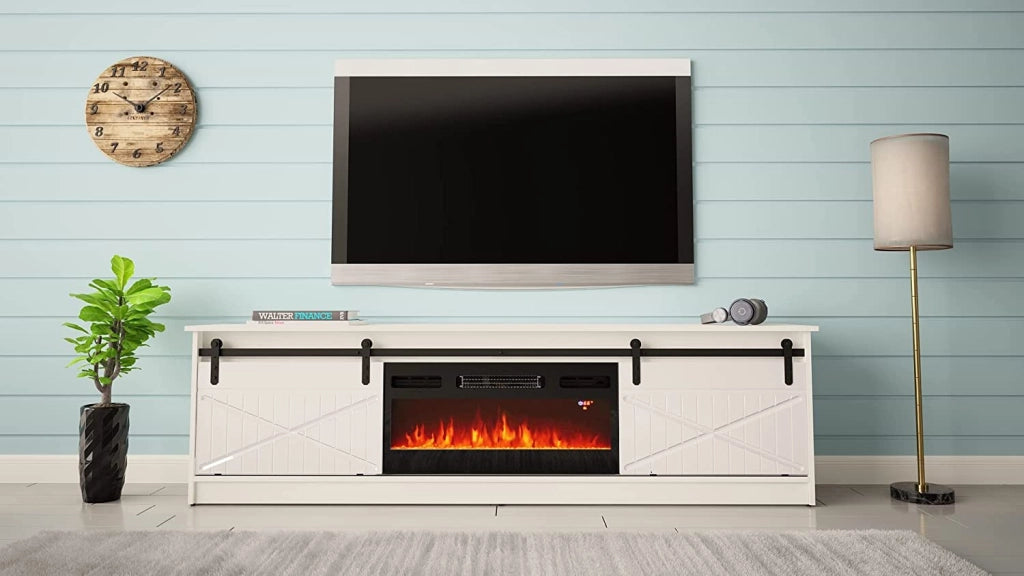 MOBILE TV CON CAMINETTO ELETTRICO GRANERO INCORPORATO cm200x35x57 BIANCO LUCIDO