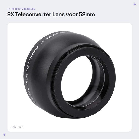 Teleconverter 2X per Obiettivo 52mm - Obiettivo Tele 2X - Costruzione Professionale - Impermeabile - Leggero - Lega di Alluminio