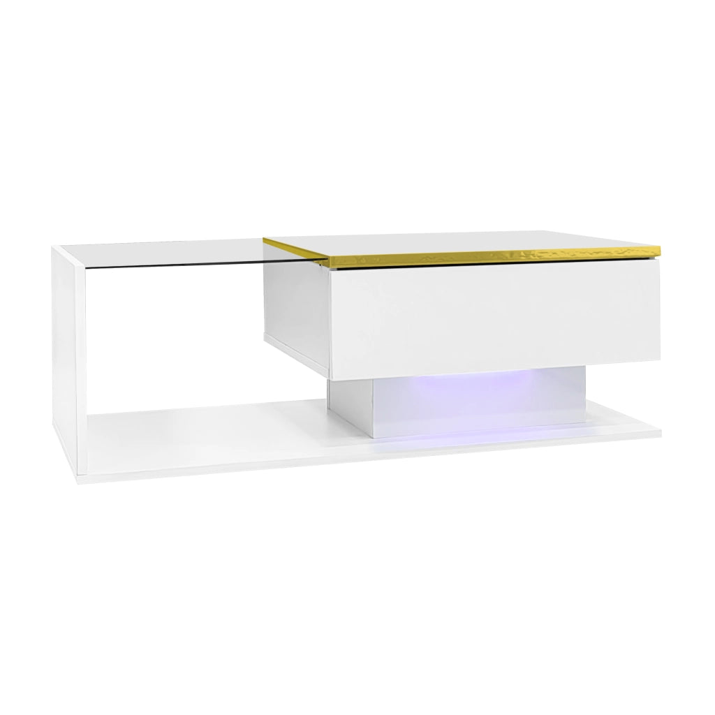 OKWISH Tavolino da Caffè Rettangolare Moderno con Vano e Ripiani Aperti, LED, 90 × 50 × 32.5 cm, Bianco
