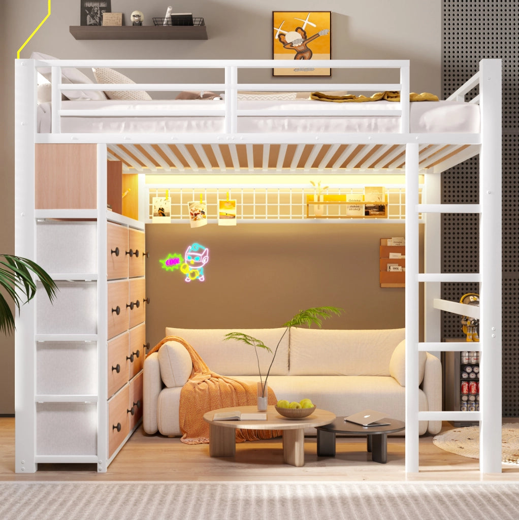 Letto a soppalco 140x200 cm con 8 cassetti, mensole e luce LED