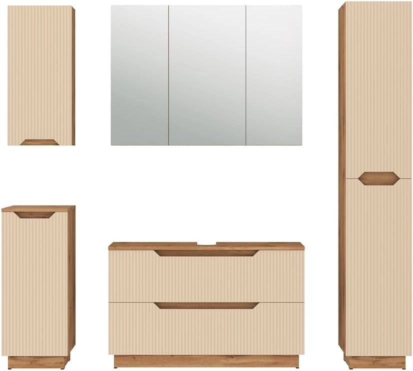 Set di mobili da bagno Lotta, Rovere/cashmere a righe, 5 parti