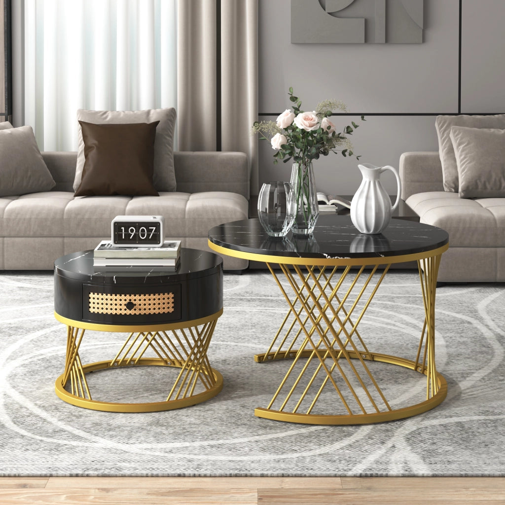 Tavolini da Caffè Impilabili Rotondi con 1 Cassetto; Piano Effetto Marmo; Stile Lusso Leggero; in MDF; Nero; 70×70×45;5 cm
