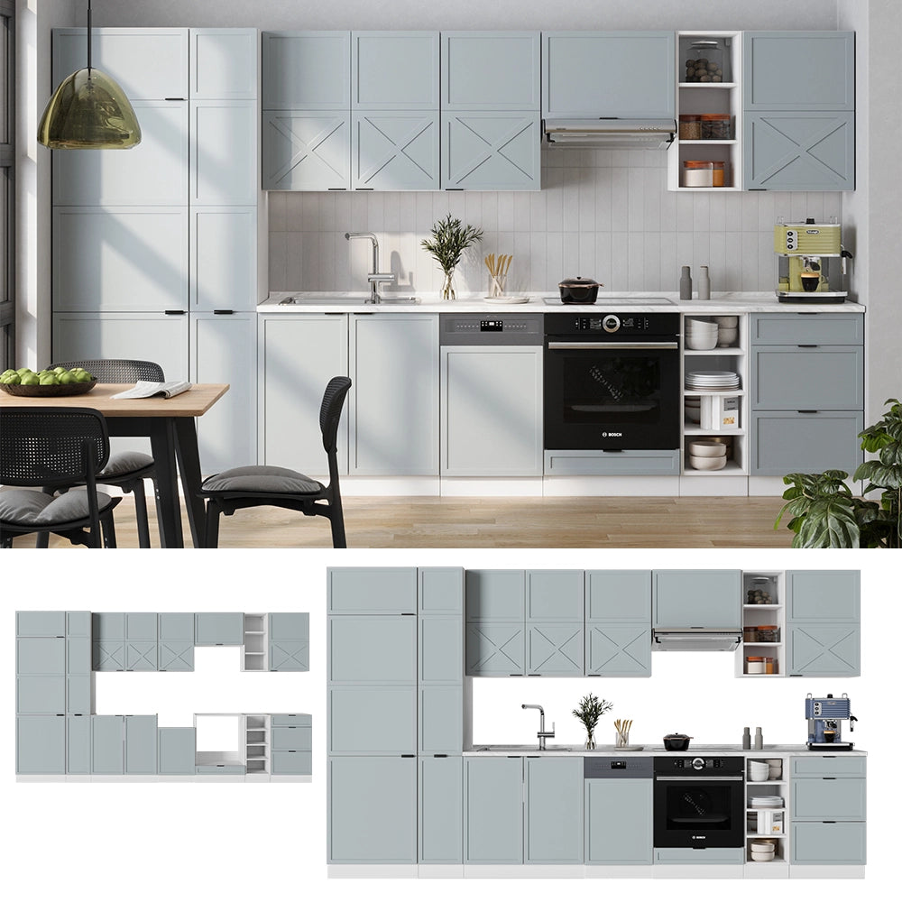 Cucina componibile Fame-Line Blu-grigio chiaro/Bianco 355 cm, PL Rovere Vicco