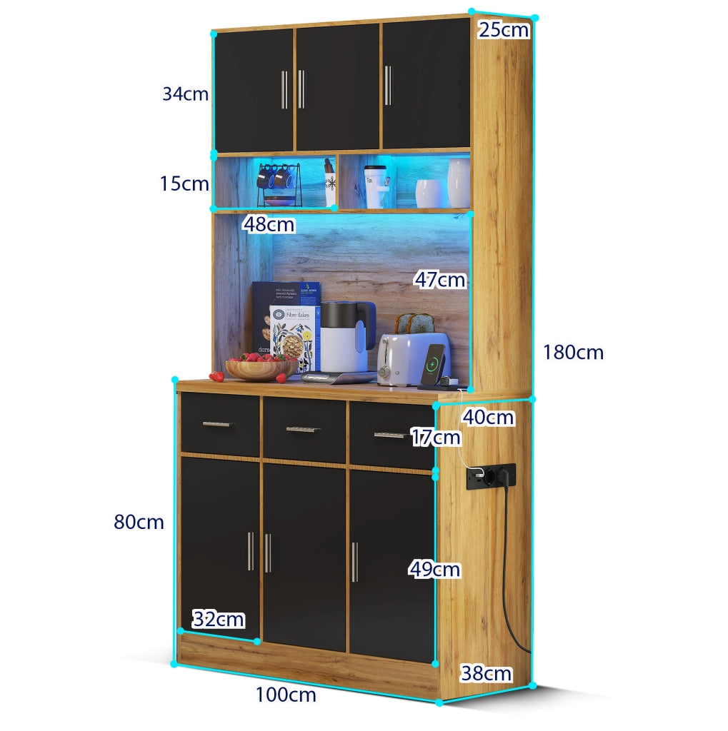 Credenza cucina 100x40x180 cm con LED, prese USB, cassetti e ripiani regolabili in MDF