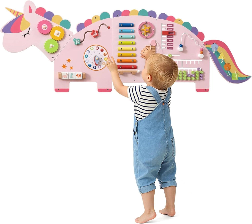 Pannelli da Parete con attività, Busy Board 11 in 1 Montessori in Legno per Sviluppo Sensoriale, Centro di attività Educativo Montato a Parete per Stanza Giochi, Asilo Nido (Unicorno)