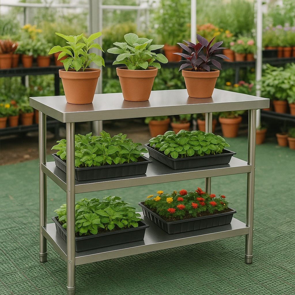 Tavolo da lavoro in acciaio inox 120 x 60 x 85 cm con 2 ripiani inferiori e piedi regolabili