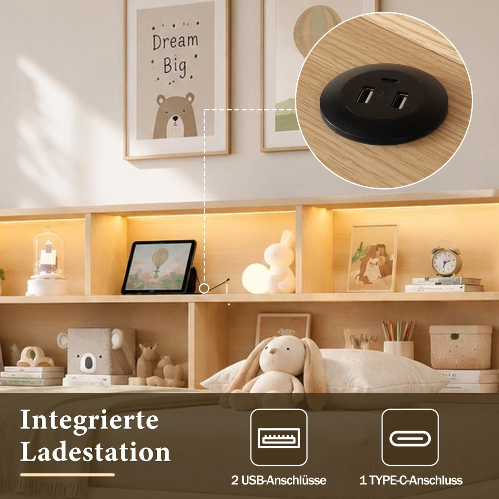 LETTO Estraibile 90x200 cm Velluto Beige con cassetti, USB e LED