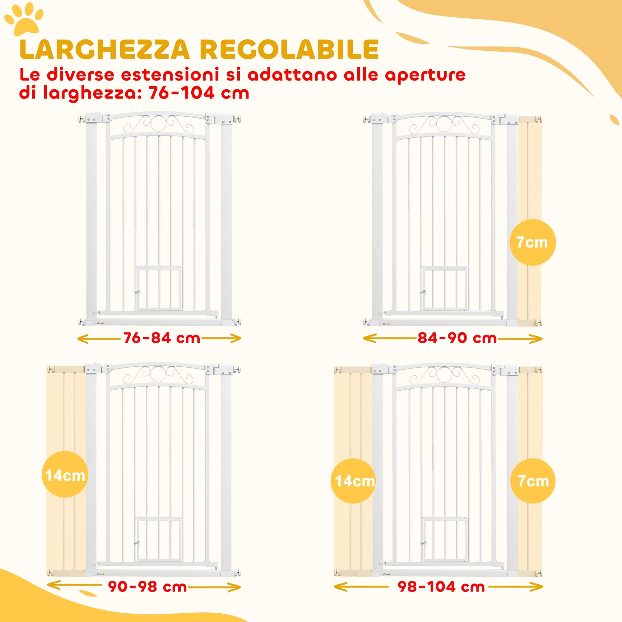 Cancelletto di Sicurezza con Estensioni 76-104 cm e Porta per Gatti Bianco