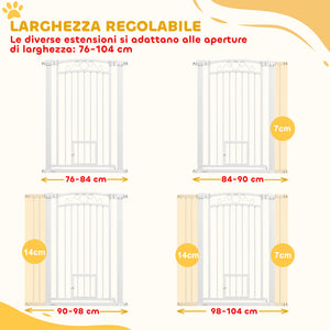 Cancelletto di Sicurezza con Estensioni 76-104 cm e Porta per Gatti Bianco