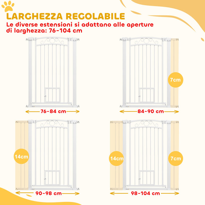 Cancelletto di Sicurezza con Estensioni 76-104 cm e Porta per Gatti Bianco