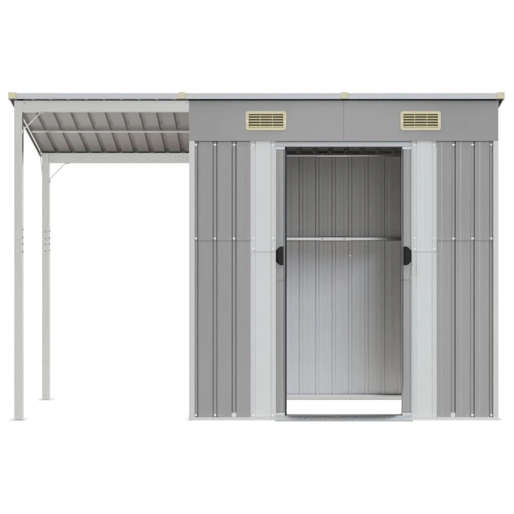 Casetta da giardino cabina ripostiglio casetta da esterno robusta casetta per attrezzi con tetto estensibile trasparente 277 x 110,5 x 181 cm grigio 02_0022218