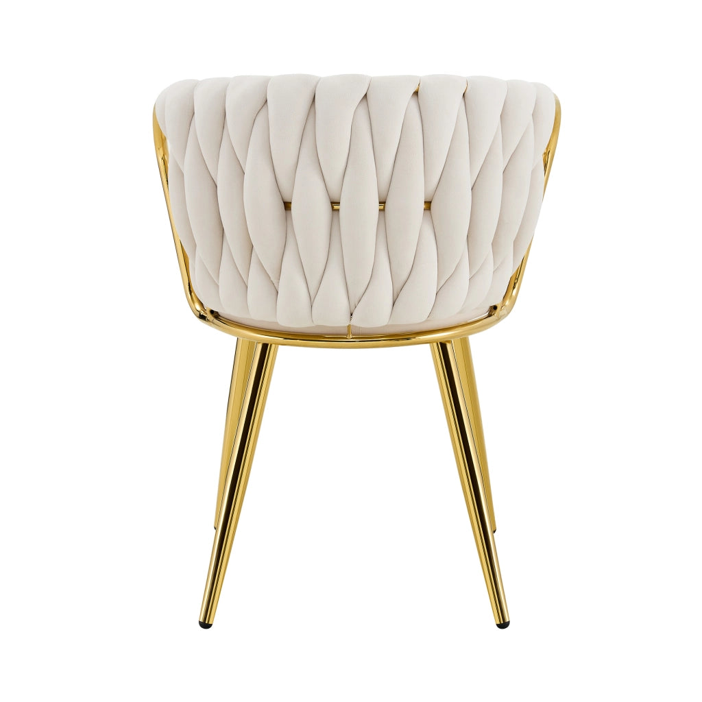 Sedia da pranzo, rivestimento in velluto, schienale intrecciato, struttura in metallo, ergonomica, color beige e dorato