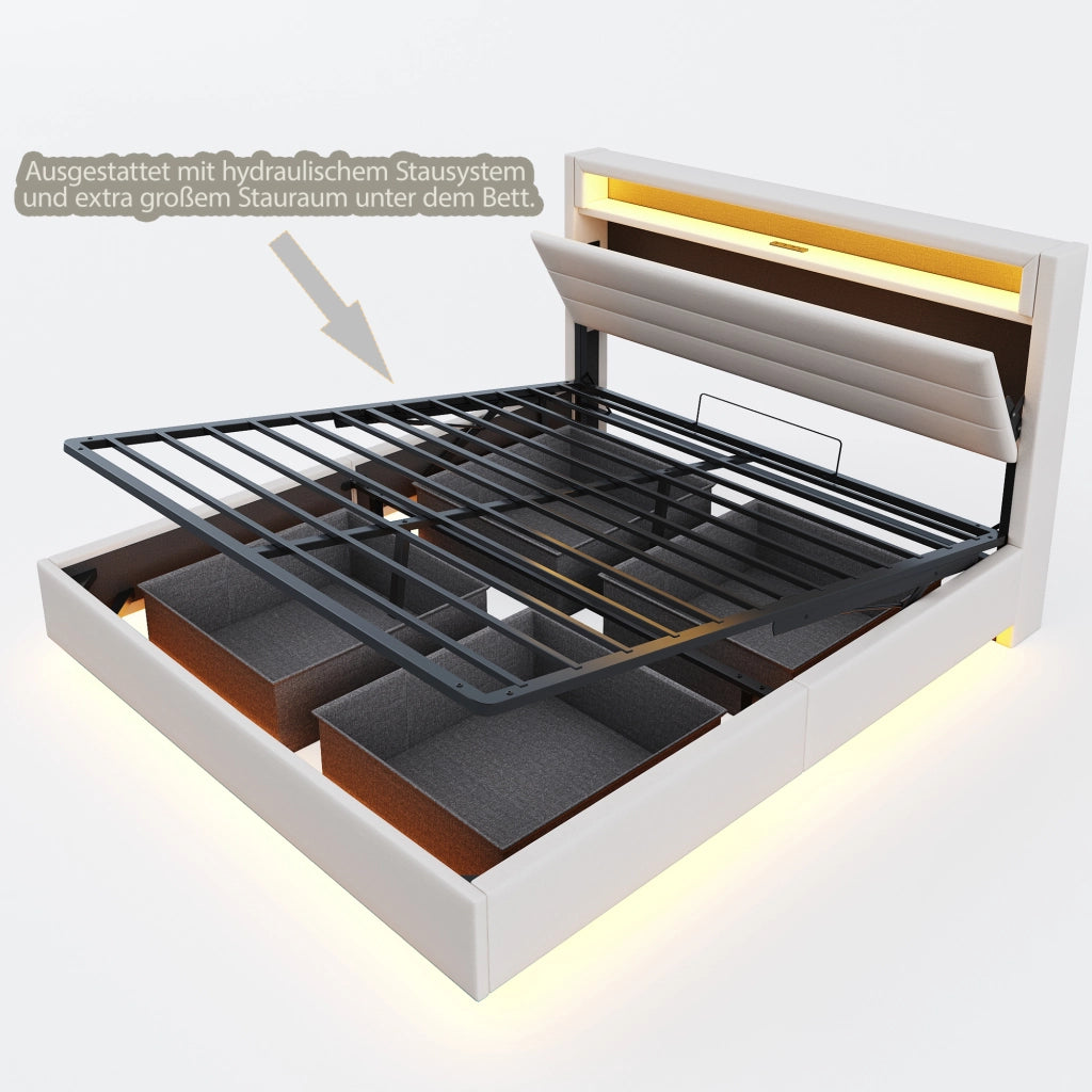 LETTO Imbottito 160x200 cm Beige con USB, LED e contenitore idraulico