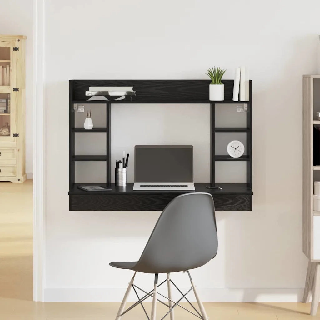 Scrivania | Tavolo da Ufficio a parete con lo scaffale Rovere nero 105 x 48 x 75 cm